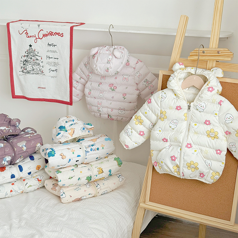 婴幼童秋冬新款连帽棉服男女宝宝圆领印花外套中小童保暖棉袄