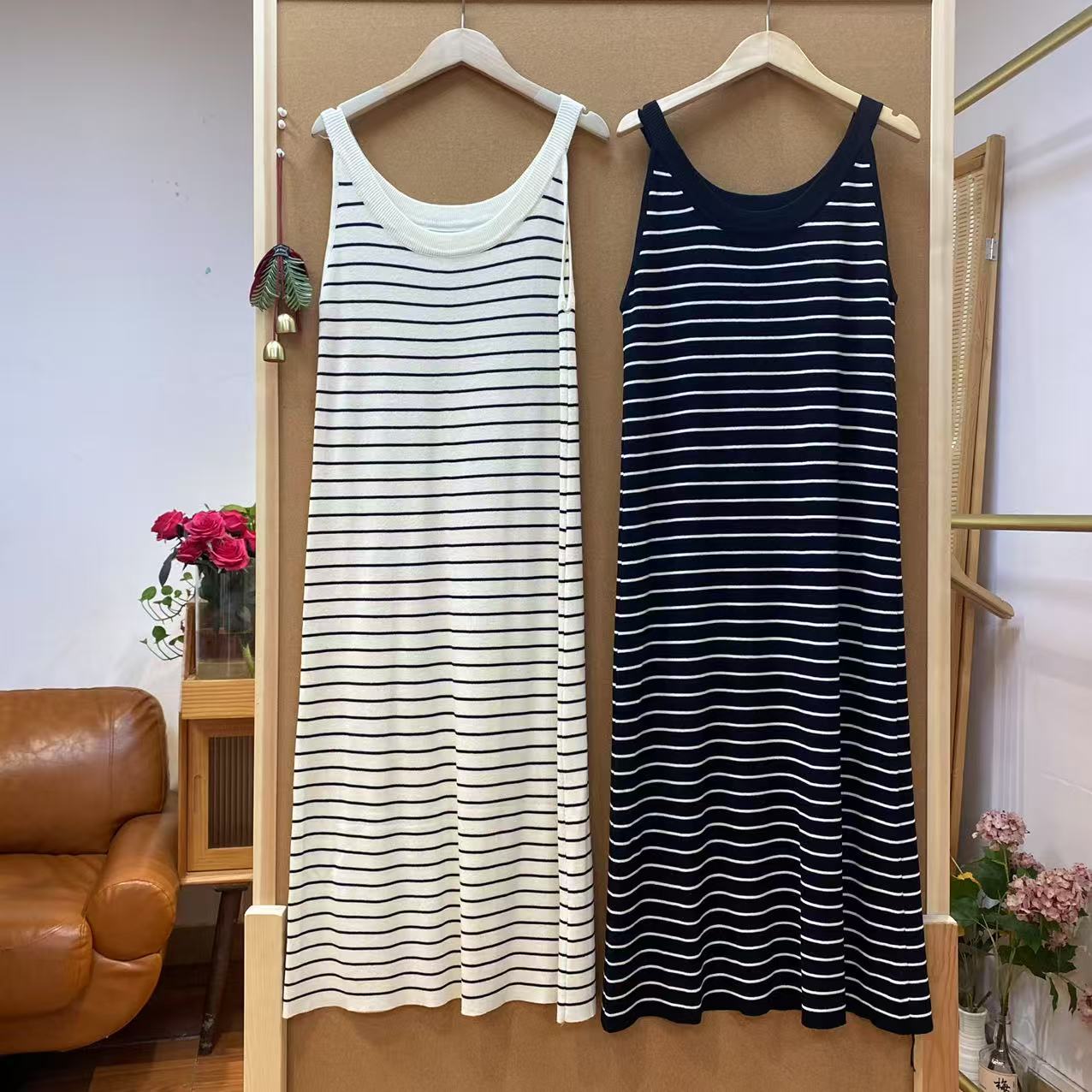 挂脖条纹连衣裙背心长裙显瘦冰丝裙显瘦无袖6413