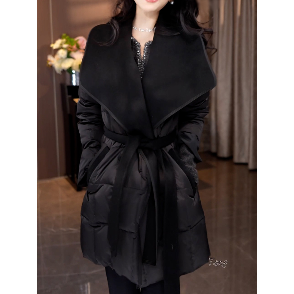 韩系名媛风系带收腰保暖羽绒服女2025冬季新款洋气大翻领显瘦外套