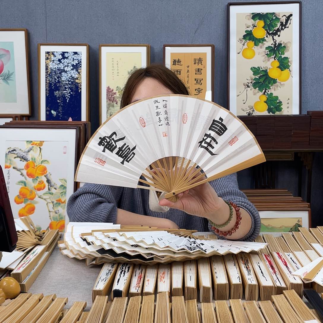 国画6寸玉竹-纯手绘-文玩扇骨（默认粘好）