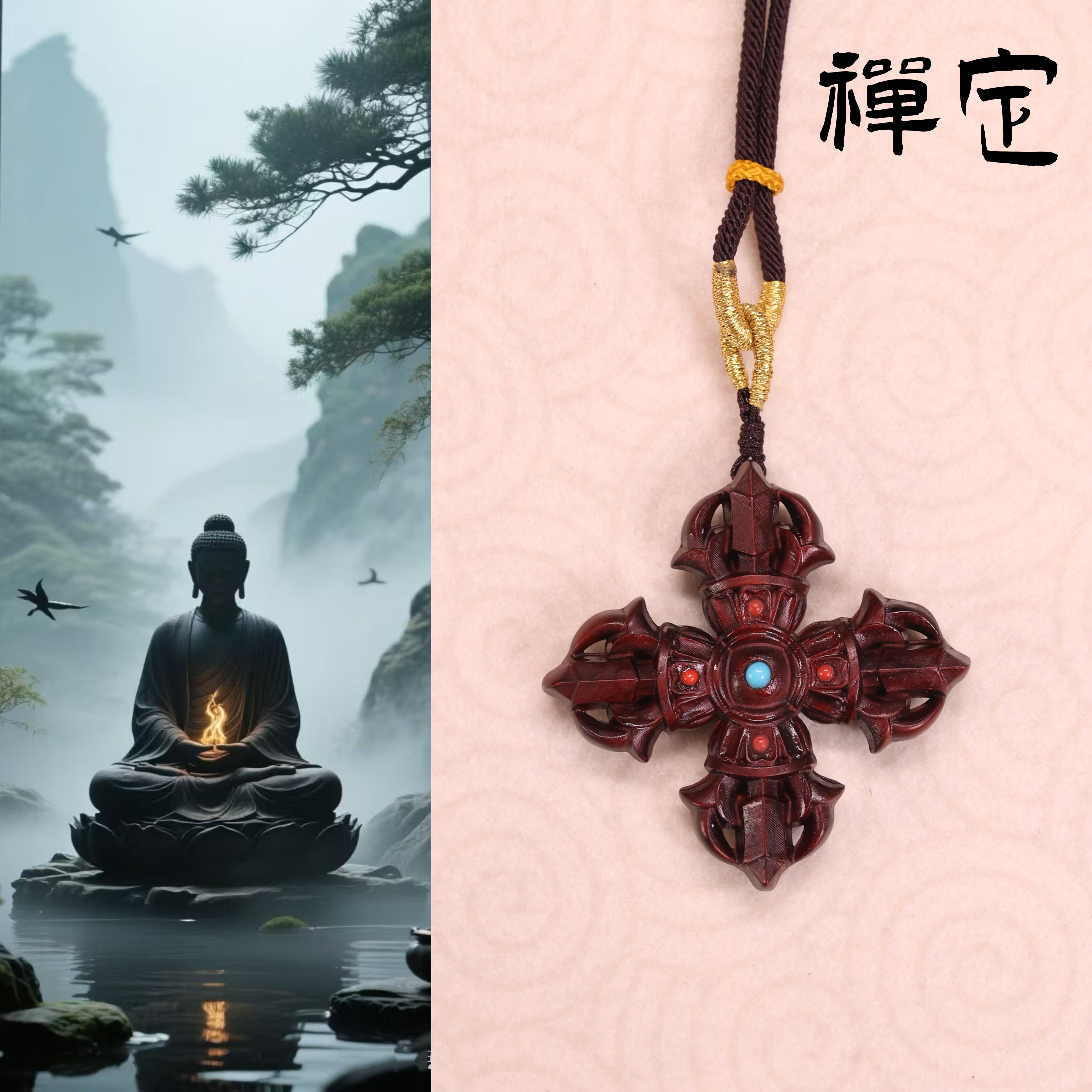 【禅定】六鼎山智慧正品 小叶紫檀十字金刚杵项链男女同款新中式