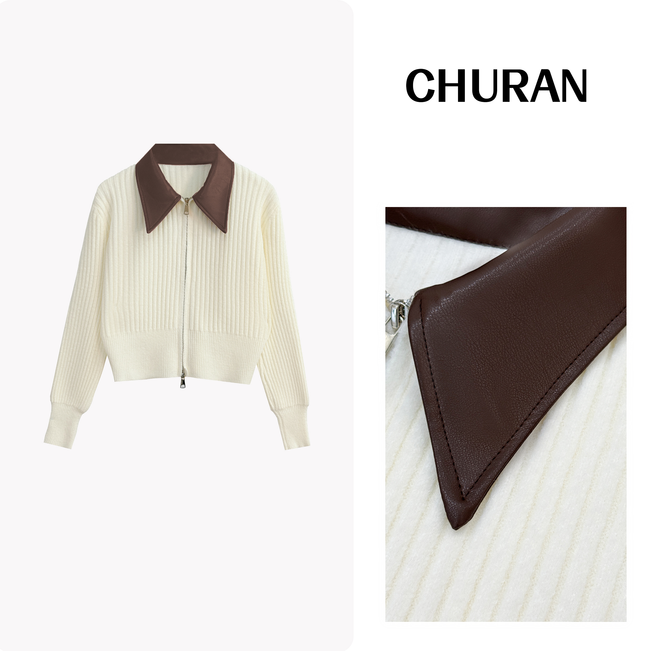 气质拉链针织衫拼皮翻领小众休闲风秋季长袖外套复古短款8858