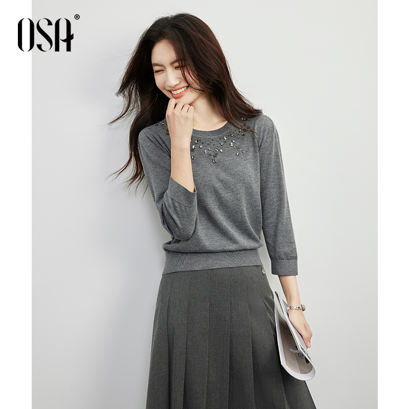 OSA复古手工钉珠针织衫女泡泡袖灰色套头衫上衣S125C16009