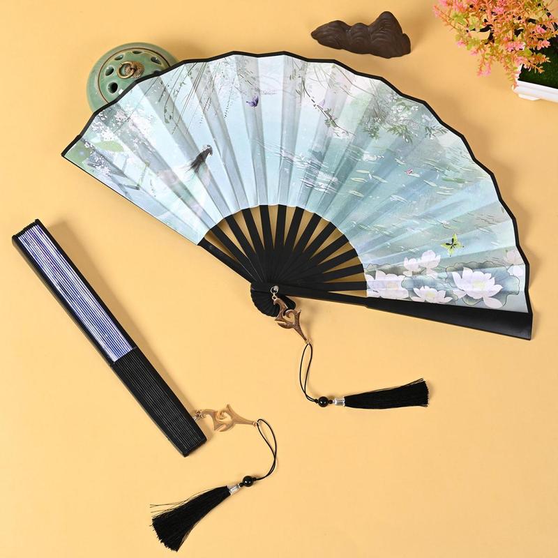 8寸汉服舞蹈扇子塑料扇古风霸气双面折扇男汉服舞蹈绢布扇