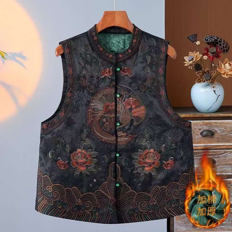 7166女装纽扣碎花厚款加厚中式刺绣风景