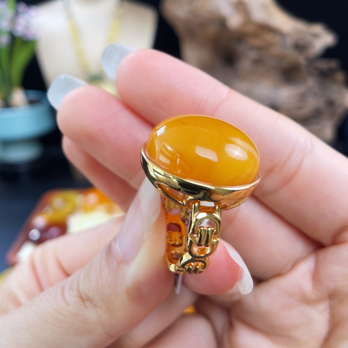 【闪购商品】琥珀珠宝奇石银S925镀金镶嵌