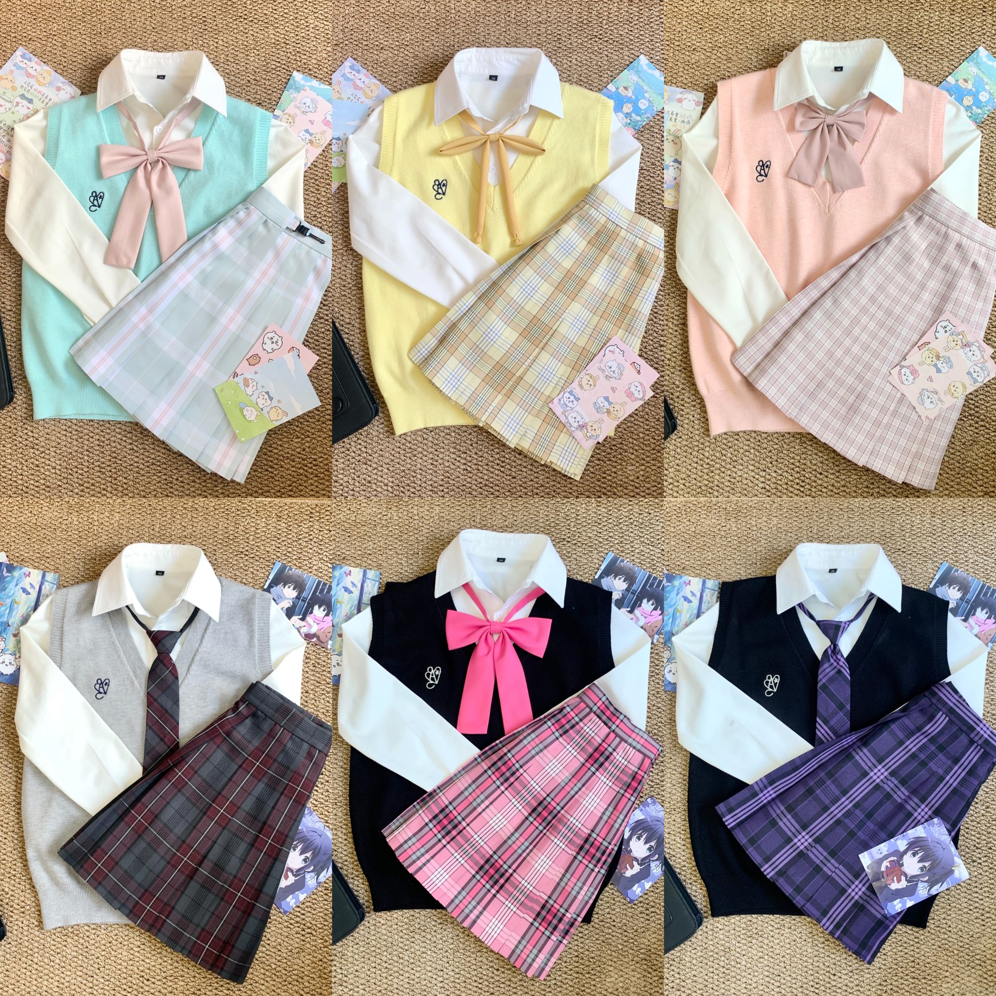 咪琦兔JK【马甲衬衫格裙七件套】原创制服长袖秋冬日系百搭学生学院