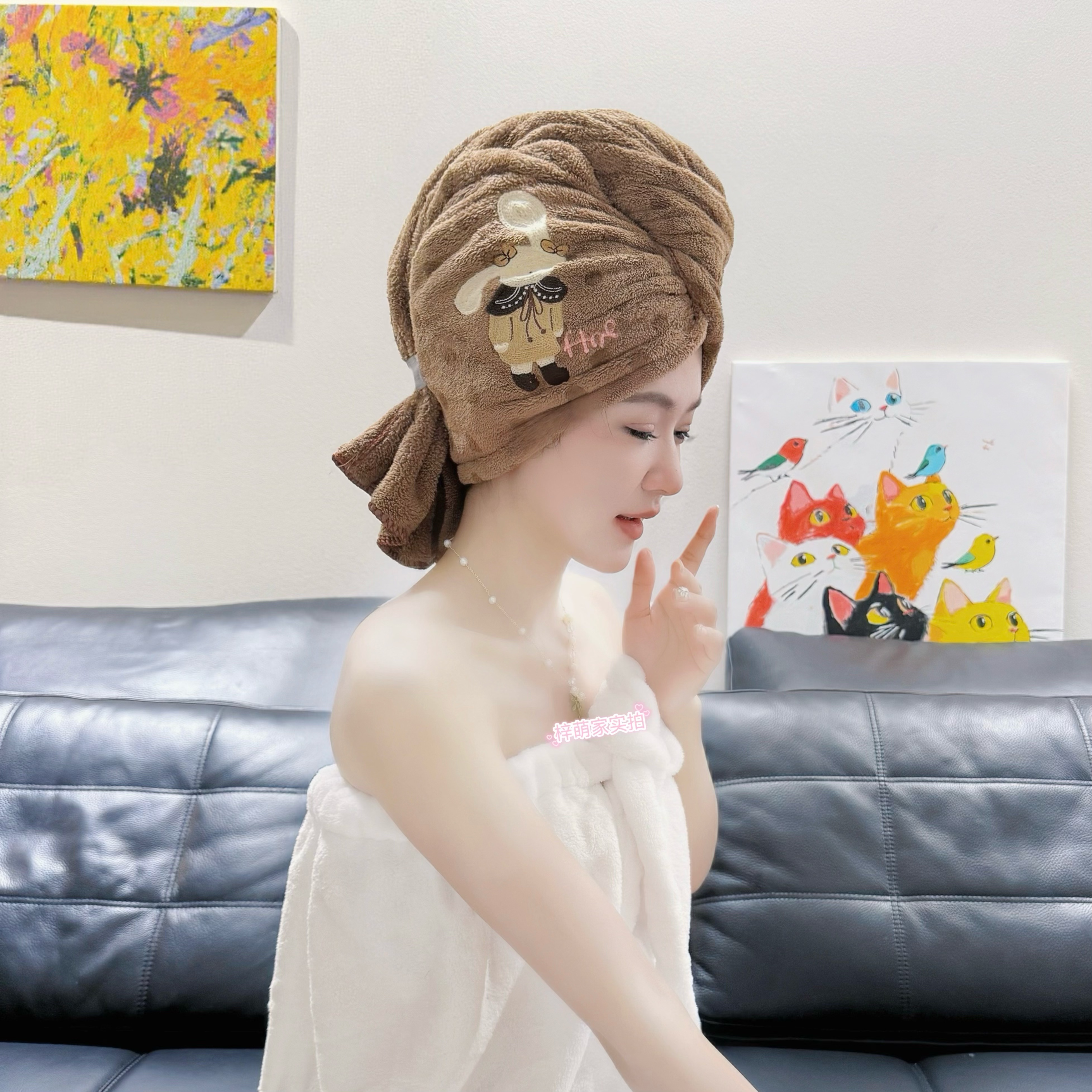 法式干发帽卡通刺绣加大宽尾绑带速干吸水（新工艺细丝压实面料）