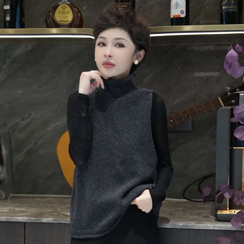 【七彩珠片】加厚保暖立领无袖针织上衣 MG8528