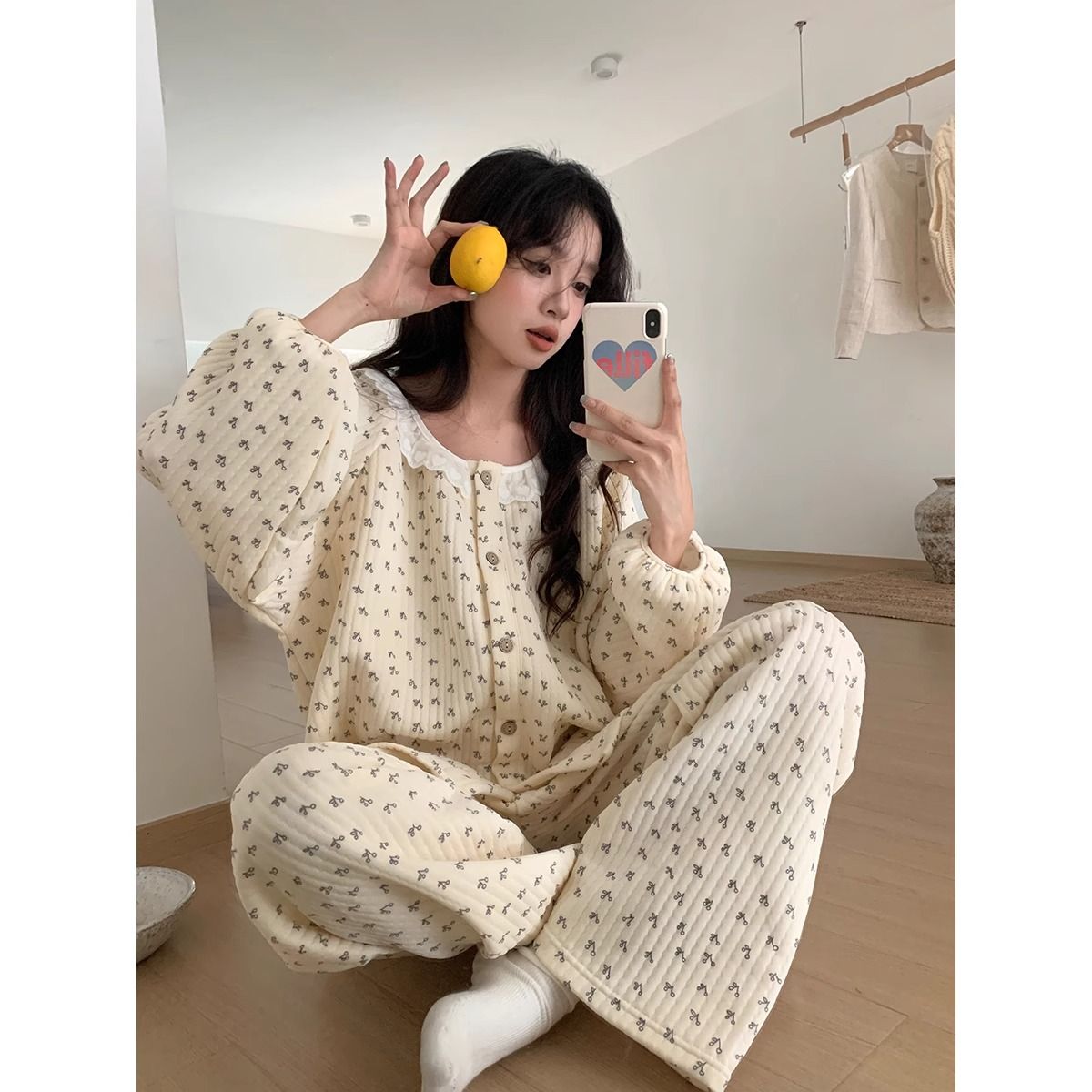 睡衣女秋冬韩版夹棉加厚保暖蕾丝碎花空气棉家居服大码套装可外穿