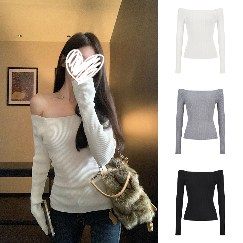 梦优莱辣妹风时尚气质一字肩针织衫女秋冬新款修身显瘦内搭打底衫