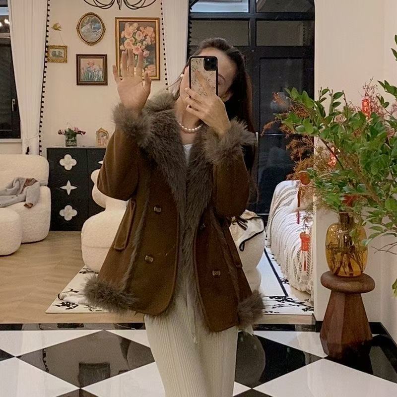 冬款洋气一体毛毛外套女时尚百搭大翻领毛绒绒外套保暖
