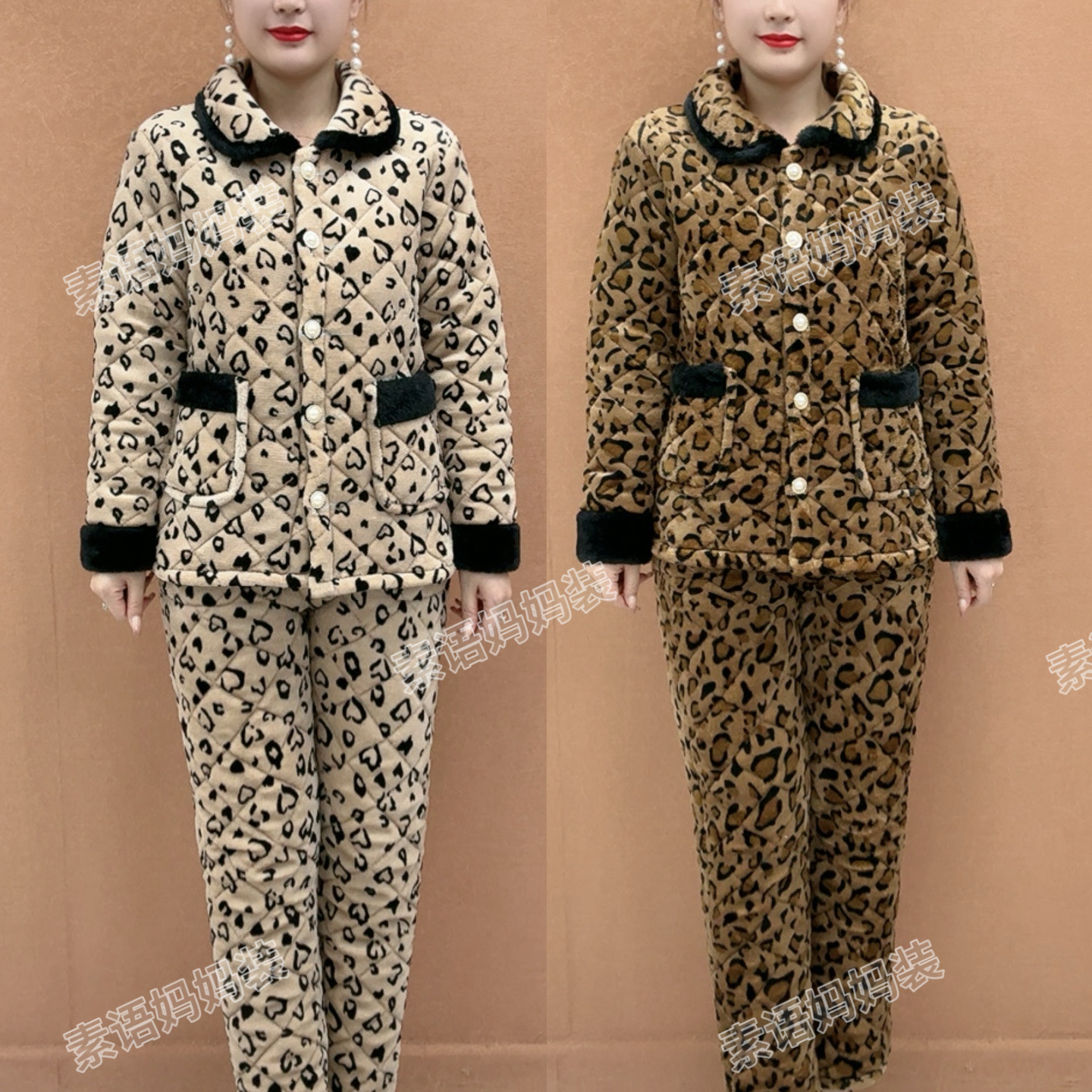 冬季加绒加厚保暖棉衣棉裤两件套中老年女装棉袄套装时尚洋气外穿