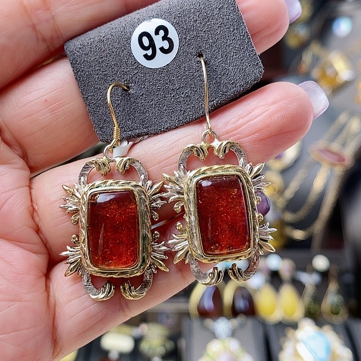 琥珀耳饰银S925镶嵌耳环