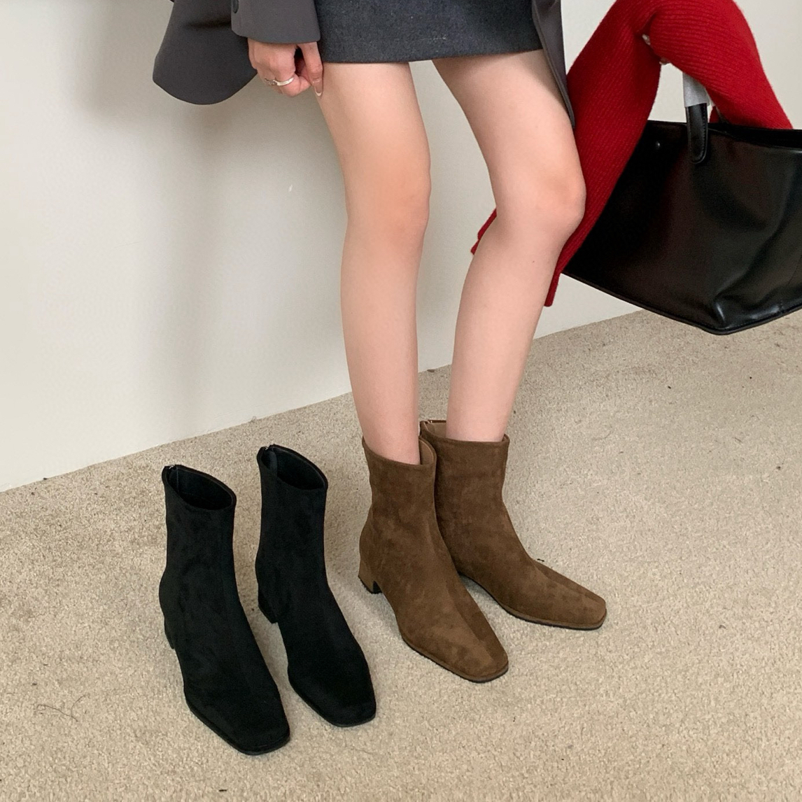 方头方跟牛皮时装靴中筒粗跟显瘦百搭女靴