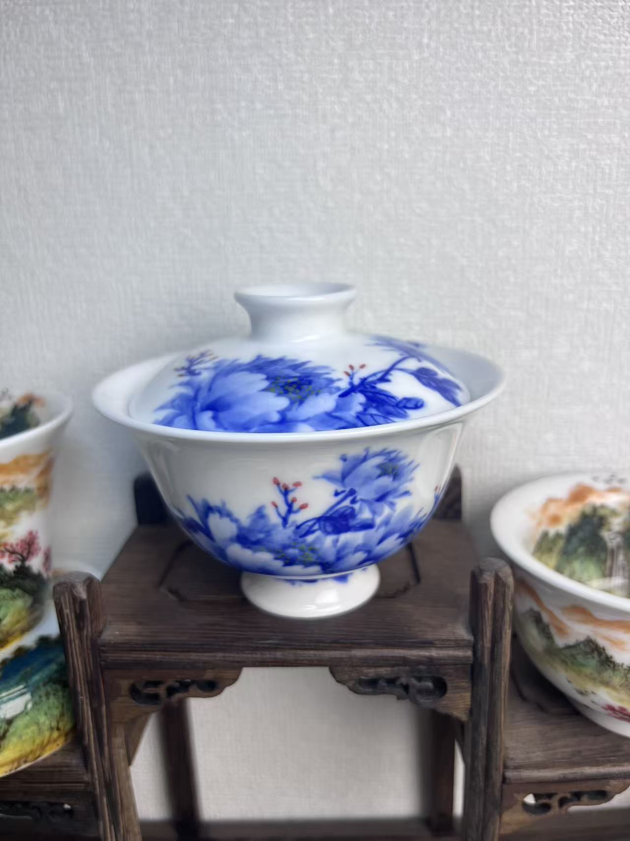 【忠意堂】釉下彩高温瓷大盖碗手绘牡丹盖碗