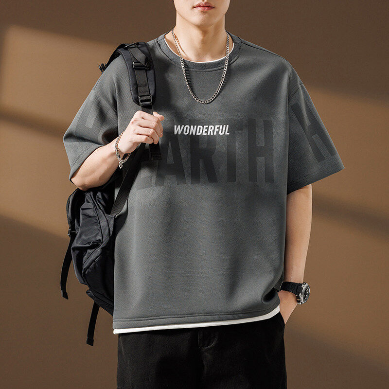 2025夏季港风大码T恤男士宽松休闲圆领印花时尚潮流短袖BF25805