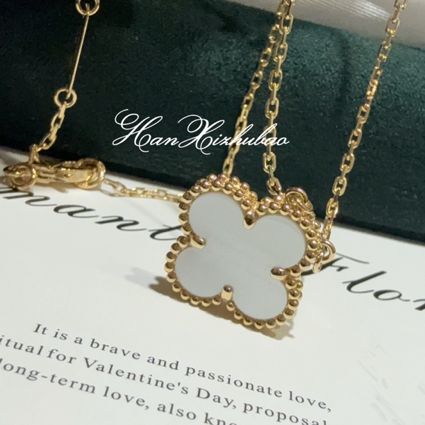 【涵琋】18k金15mm天然白贝母四叶草项链/幸运草/清新/时尚/经典