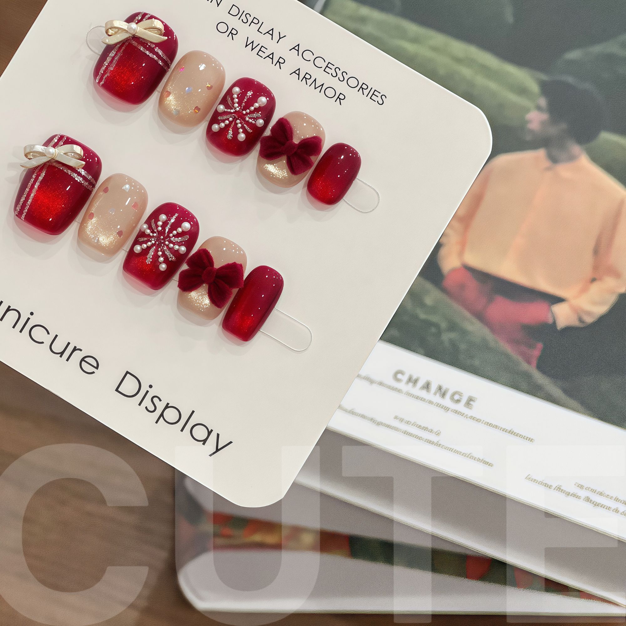 【告白烟火】新款可爱波点蝴蝶结红丝绒显白手工穿戴贴片猫眼美甲