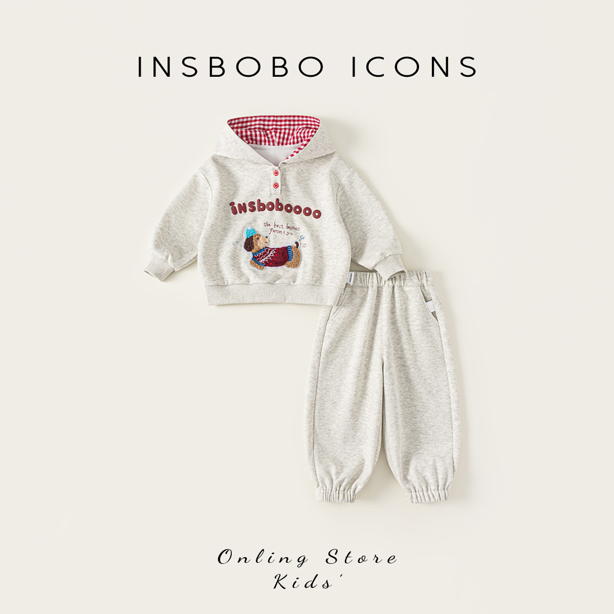 INSbobo儿童套装带帽格子帽可爱毛巾绣标上衣牛筋腰收脚裤QT25087