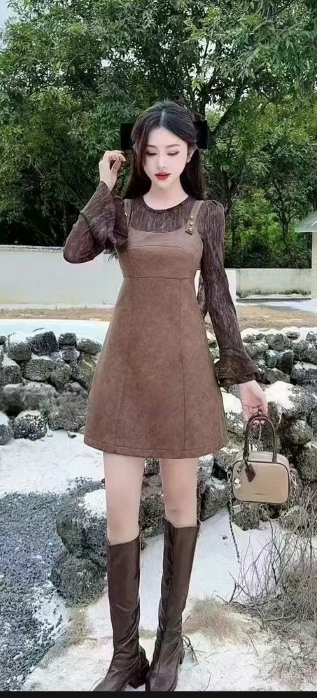 85816#时尚显瘦高腰女装时尚套装长袖网红连衣裙拼接复古两件套