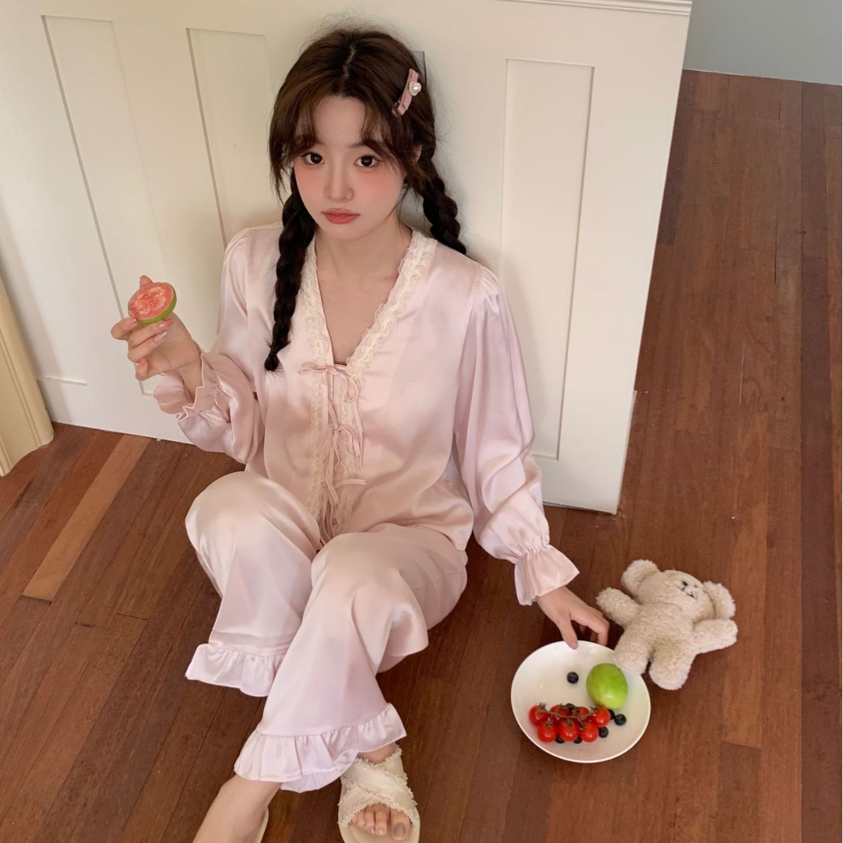 睡衣女春秋冰丝长袖蕾丝粉色甜美网红秋款家居服套装