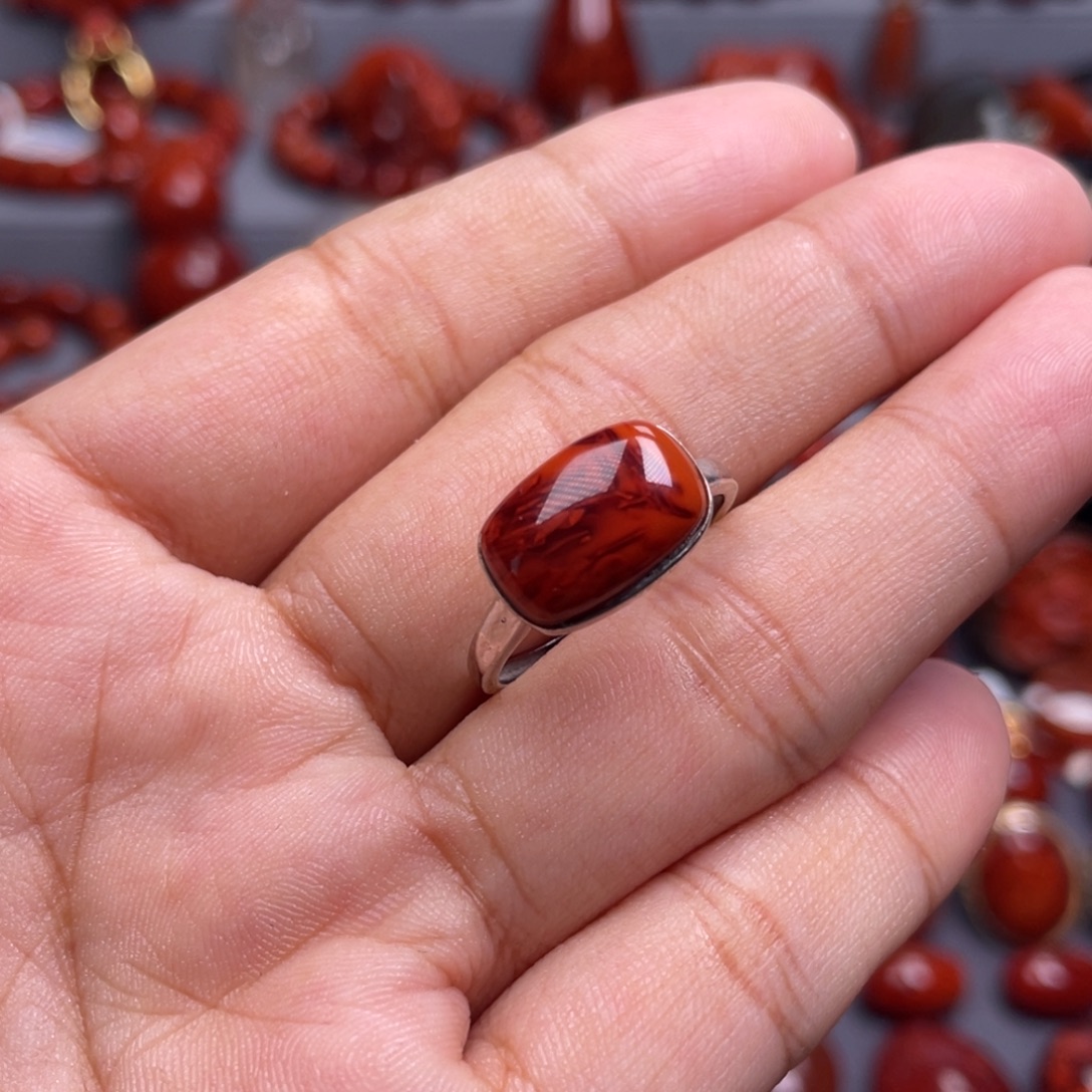 南红玛瑙银S925镶嵌珠宝奇石戒指