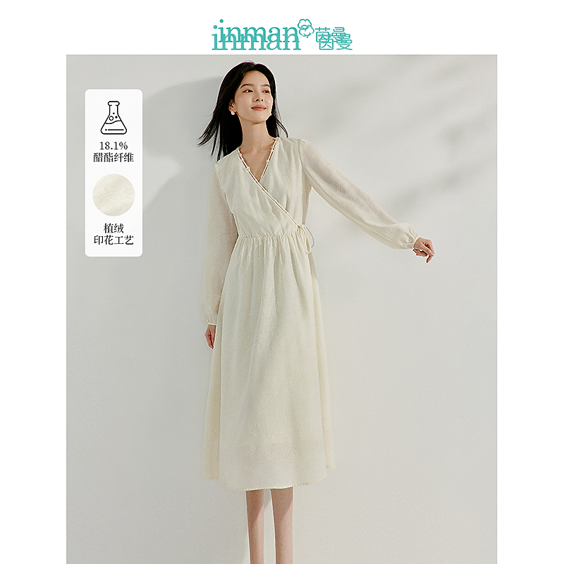【梦诗专属】茵曼春季新中式改良版立体植绒气质醋酸连衣裙长裙子
