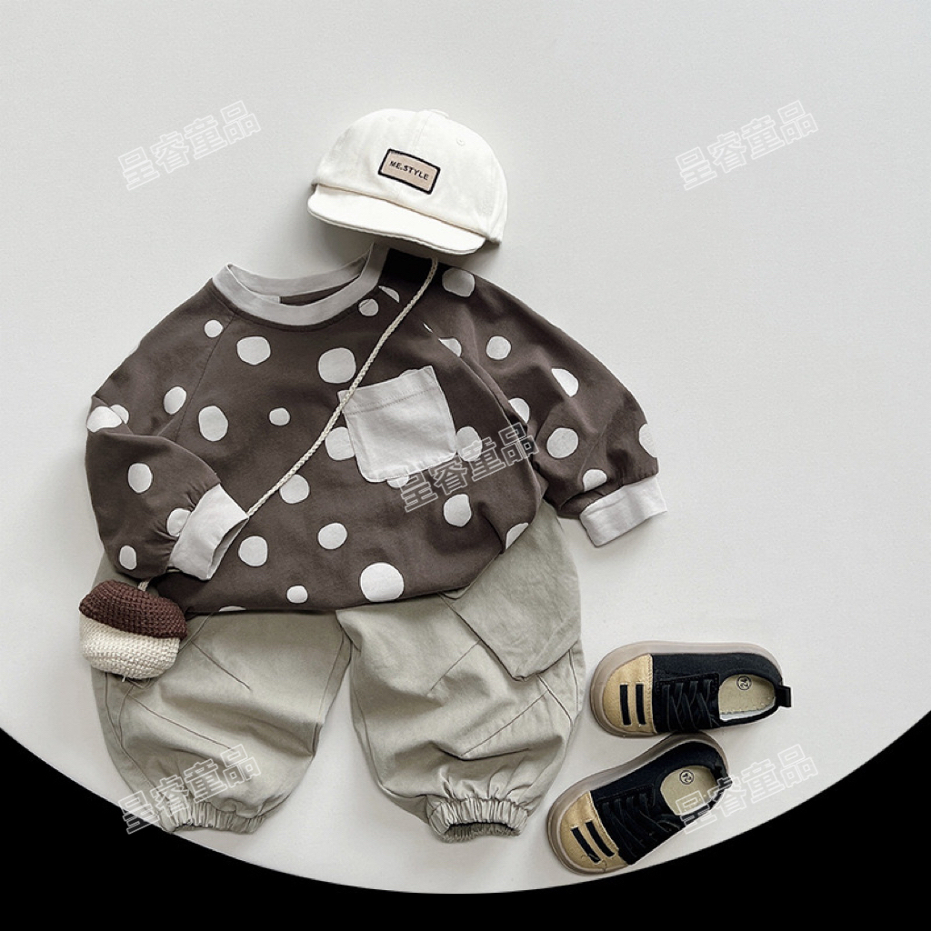 韩范儿童波点T恤2025春季新款日系长袖上衣男女宝宝百搭时尚