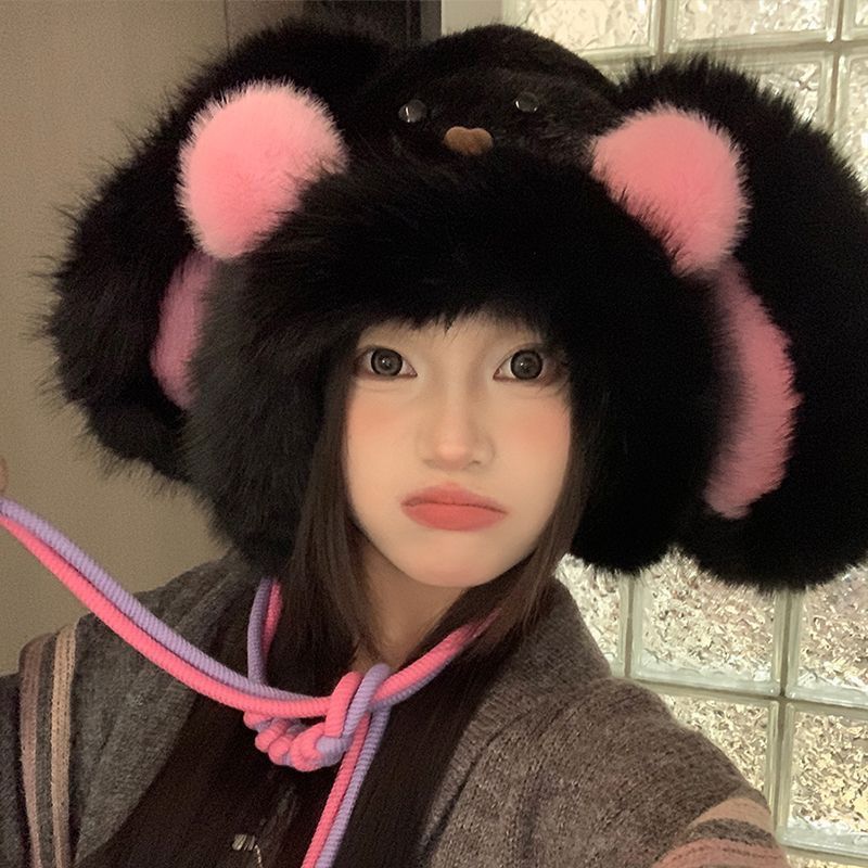 可爱大耳朵兔子帽子冬天毛茸茸雷锋帽女护耳一体保暖加厚套头帽qt