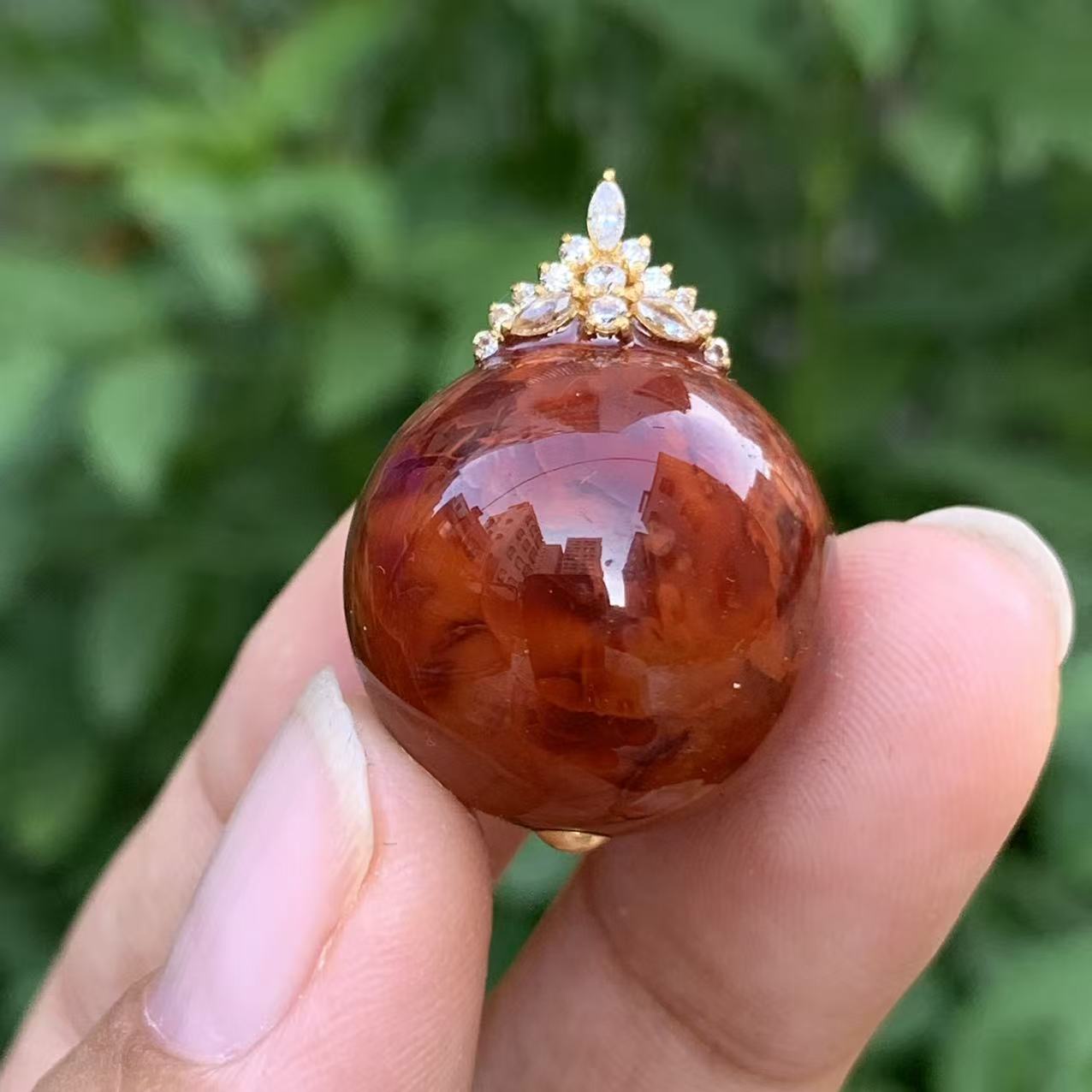 典藏级  南红瓦西牛血妖花火焰纹圆珠吊坠 尺寸19.6mm