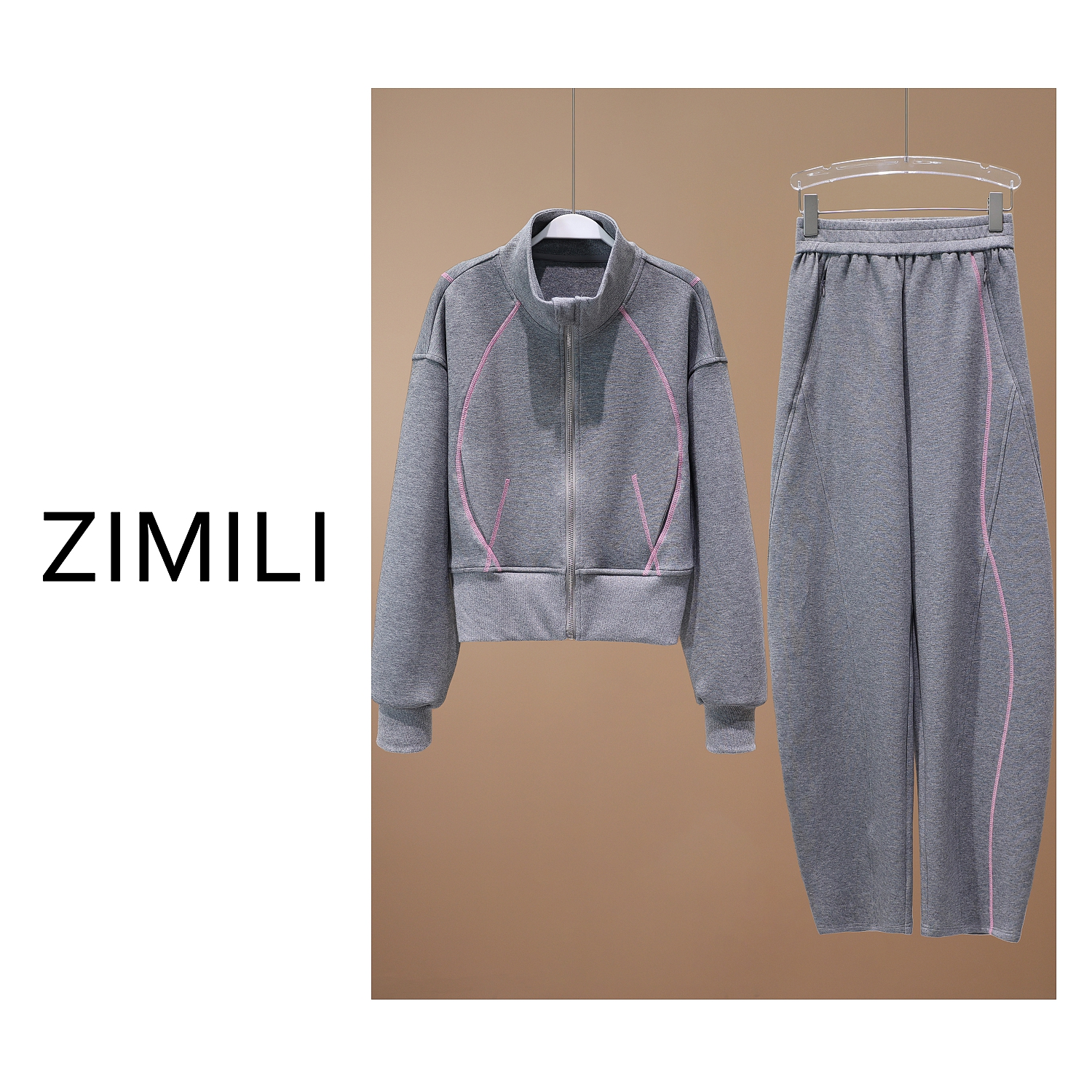 【亮哥女装】2025秋冬新品《烟暮》灰色立领拼色S型小众套装3023-K0