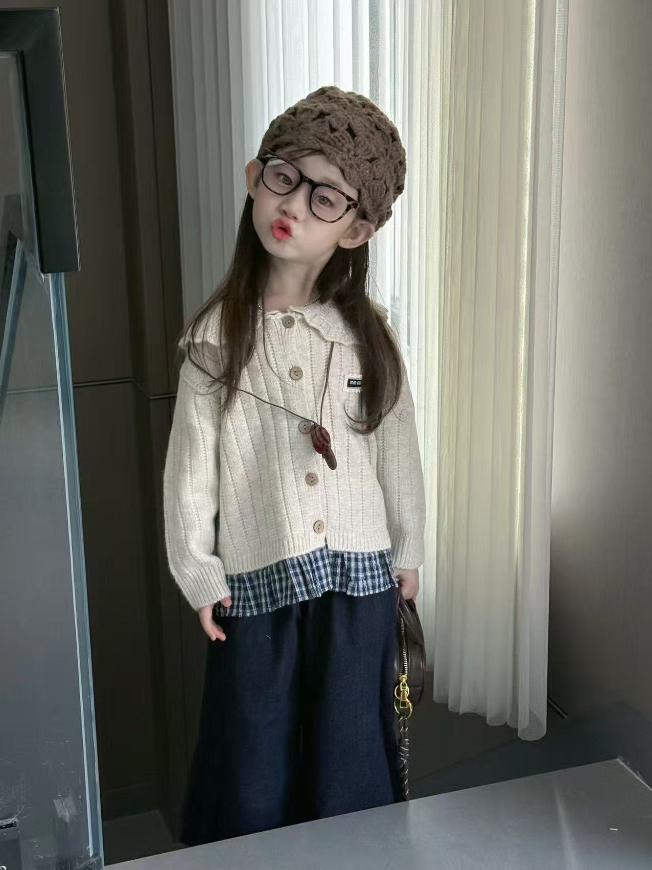 纯色休闲风女童单排扣毛衣常规套装甜美外套女童裤子两件套