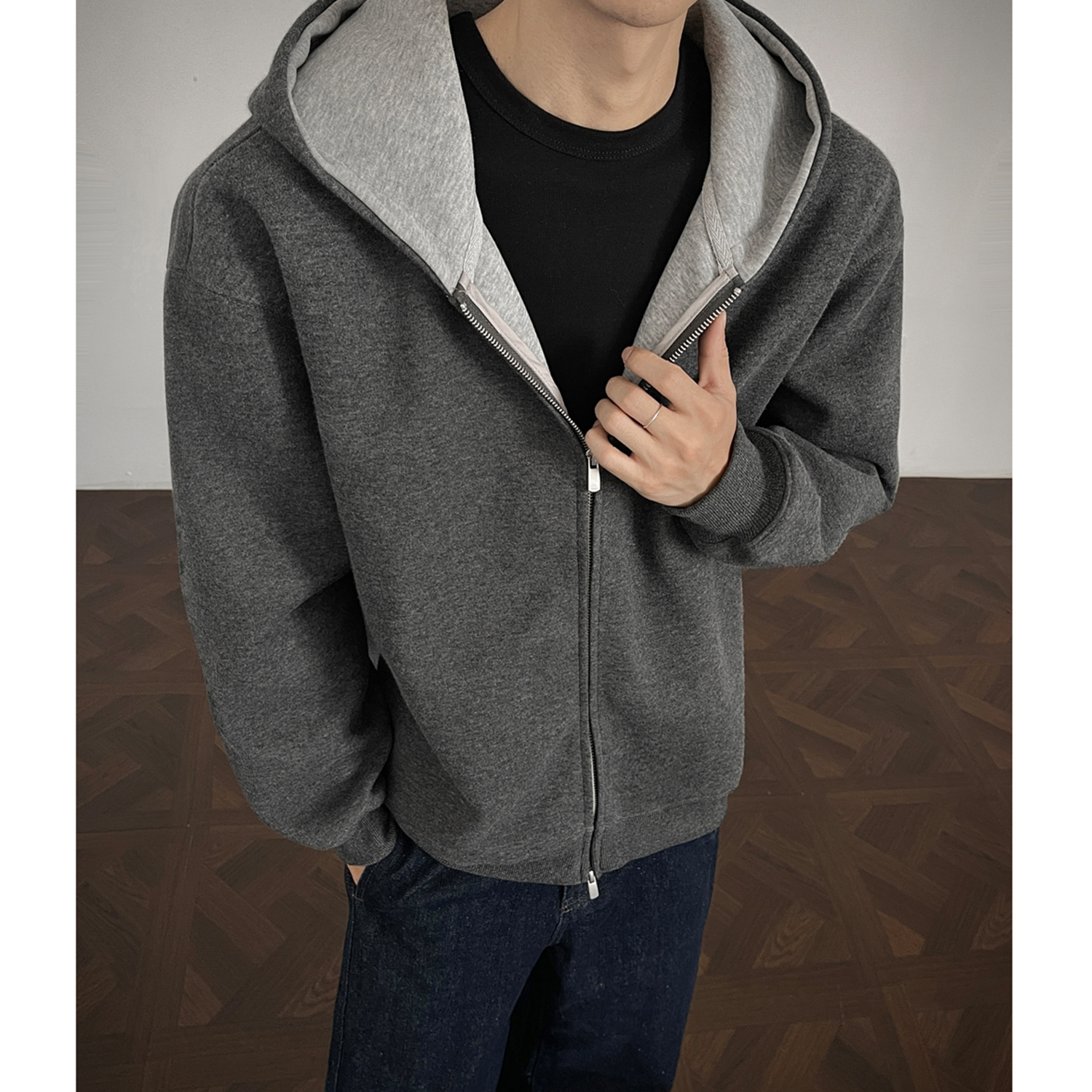 460G重磅拼色开衫卫衣男女同款连帽宽松休闲外套百搭运动情侣长袖