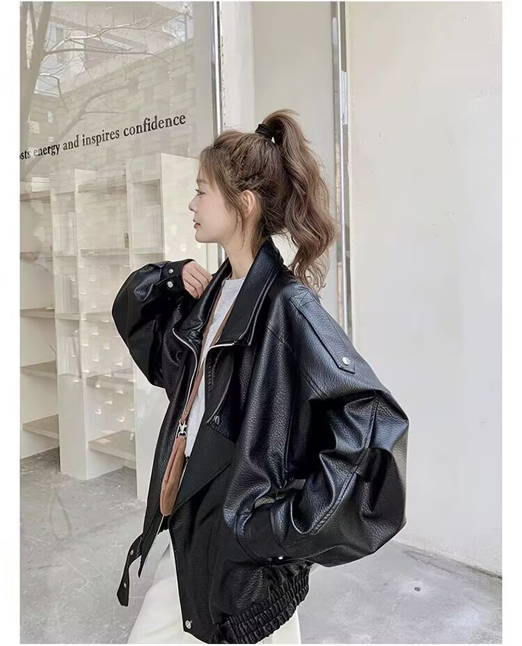 双领皮衣男女穿外套拉链黑色美式复古皮夹克网红春秋时髦小姨风