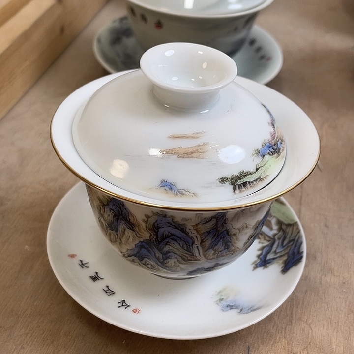 杯千里江山白瓷沉香盖碗微瑕