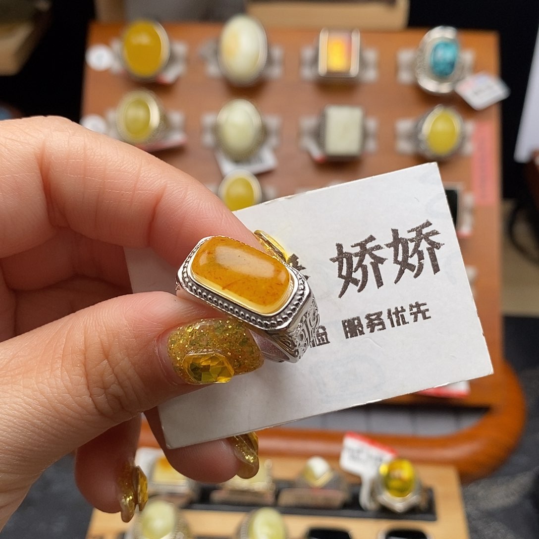 琥珀银S925镶嵌戒指琥珀
