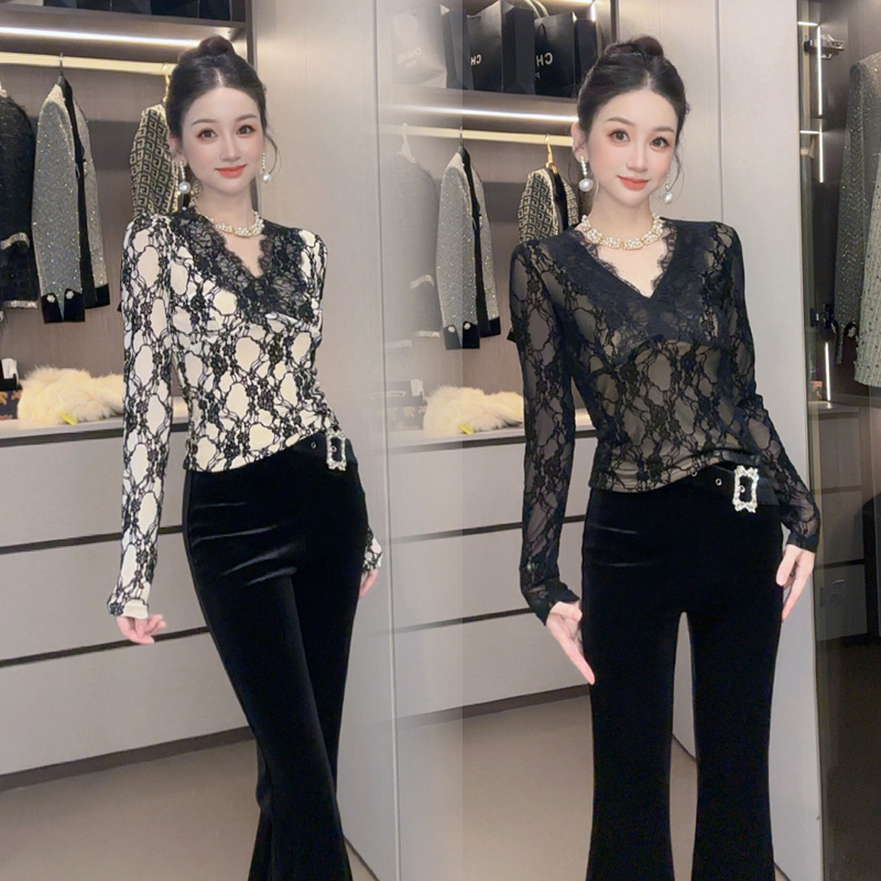 【小茵家】气质秋冬百搭打底加绒蕾丝修身V领显瘦打底衫上衣