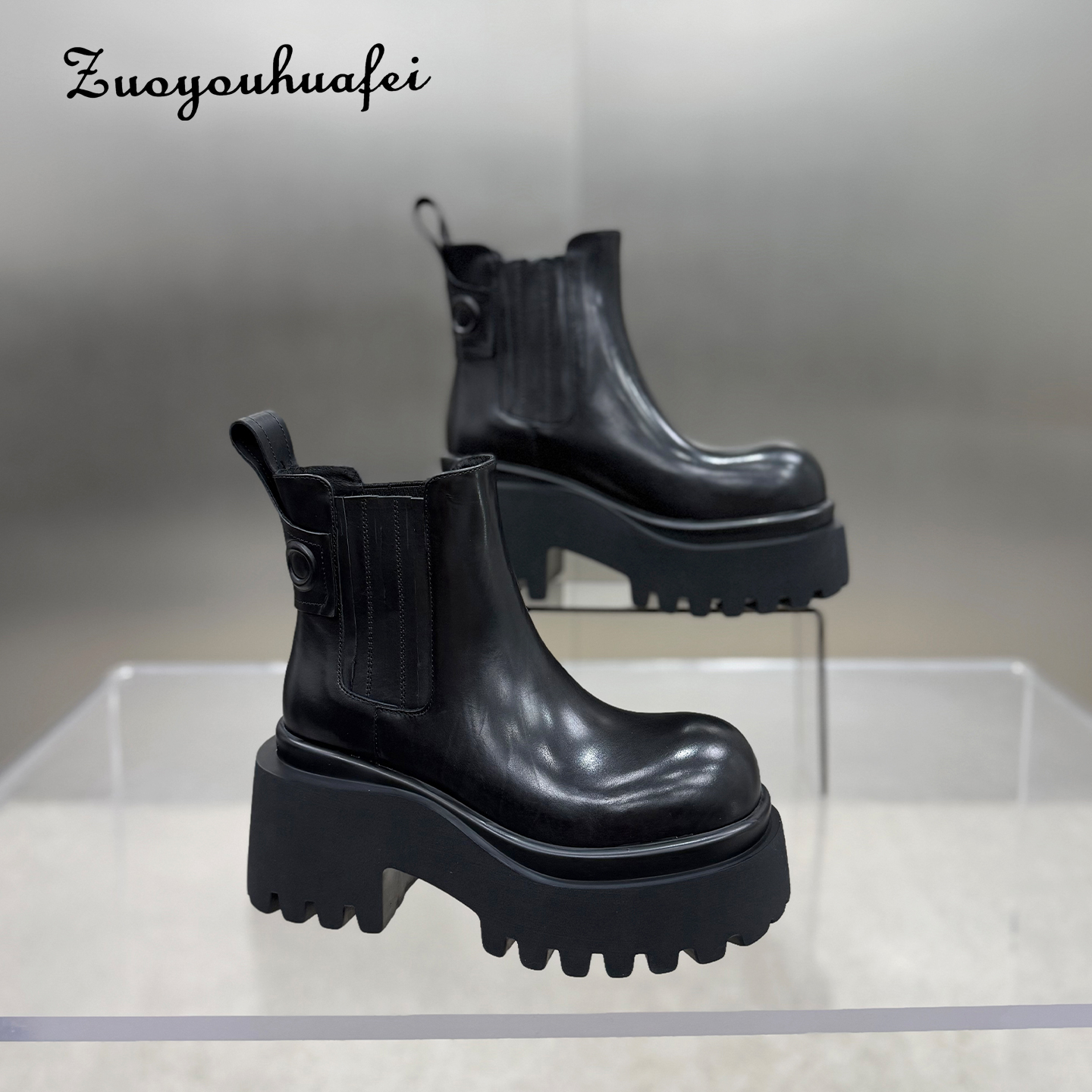 【左右华菲】8.5cm加绒显瘦切尔西女秋冬新款真皮英伦厚底短靴粗跟