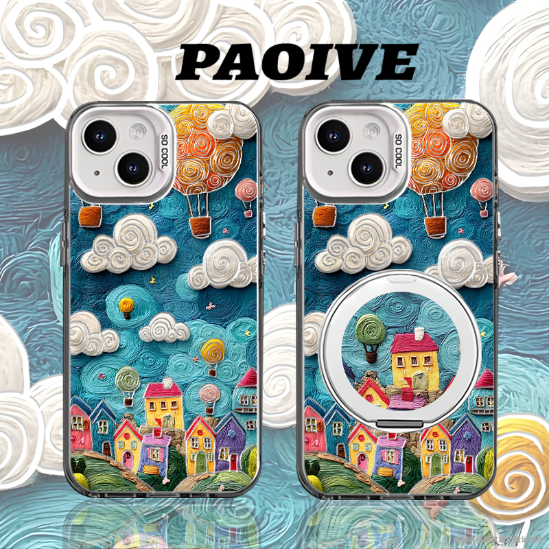 适用苹果华为vivo一加iPhone14小米三星手绘小镇防摔彩银手机壳