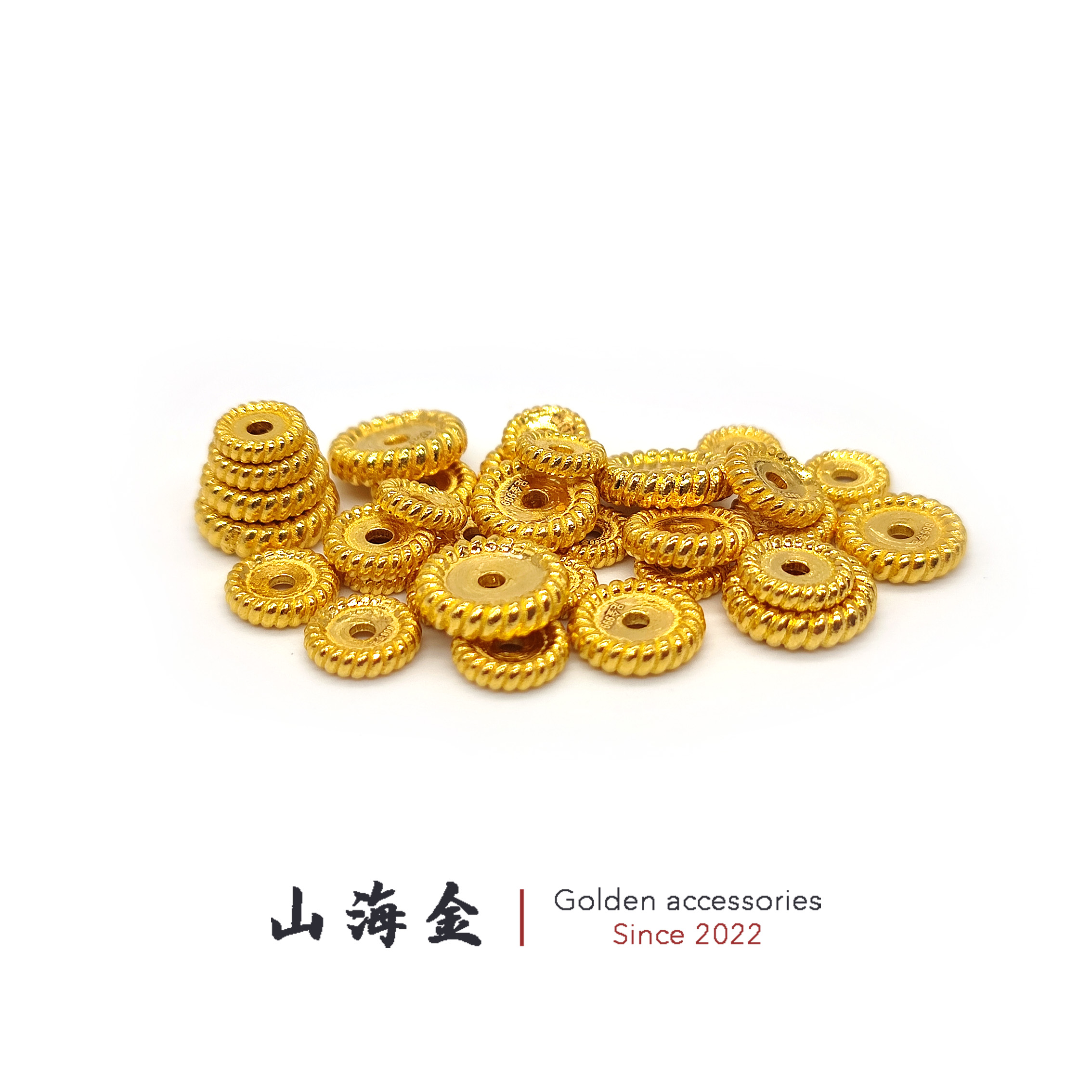 山海金 24K纯黄金999足金螺纹隔片实心麻花垫片文玩手串菩提配饰