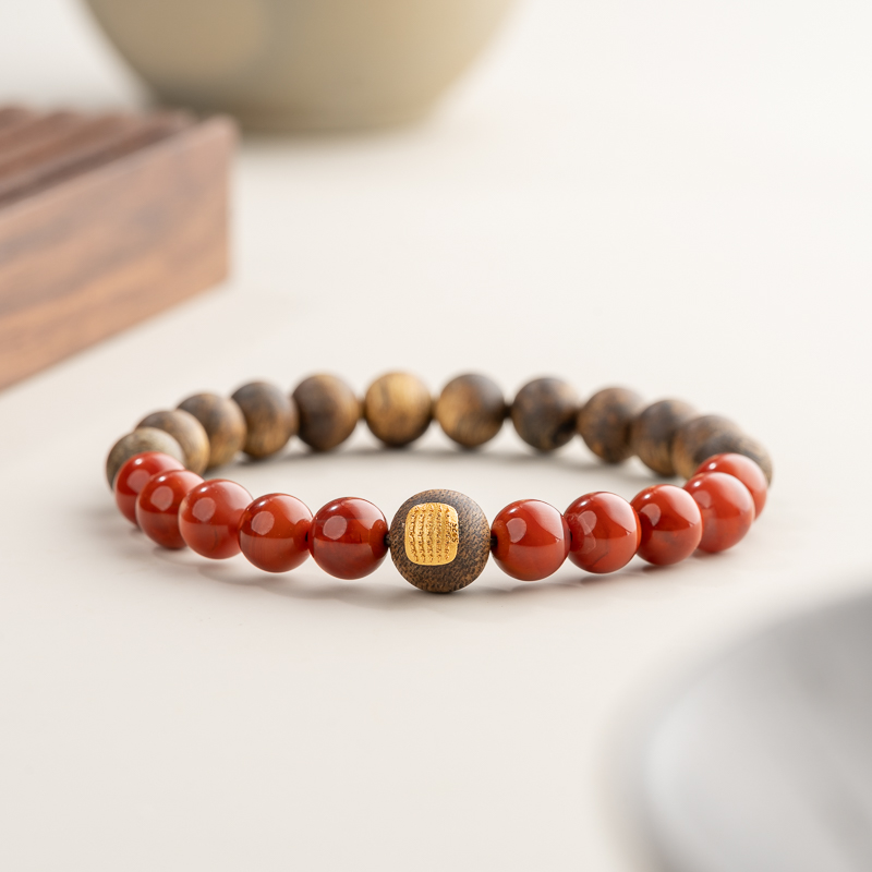 沉香莺歌绿奇楠沉香8mm单圈手串火焰纹南红