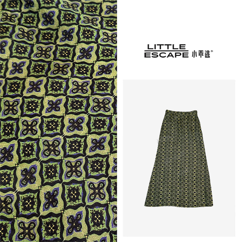小乖逃D新中式国风绿色半裙微弹松紧腰花纹鱼尾摆半身裙钱S25461