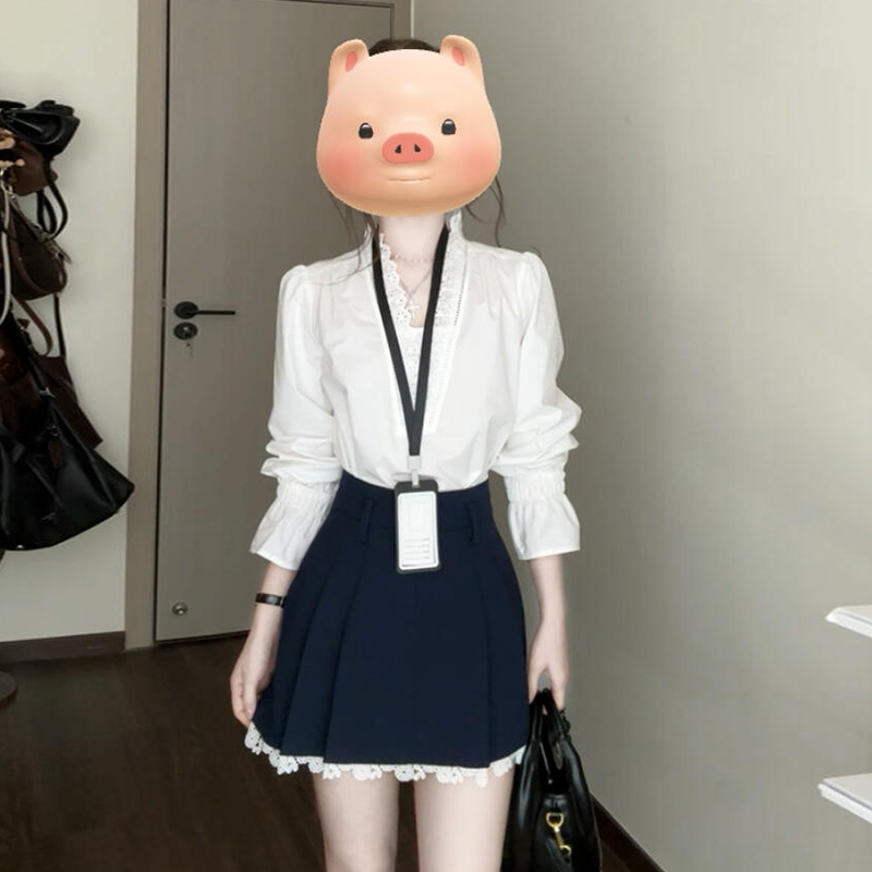 2025早秋新款学院风喇叭袖衬衫连衣裙子女夏季韩系蕾丝花边套装裙