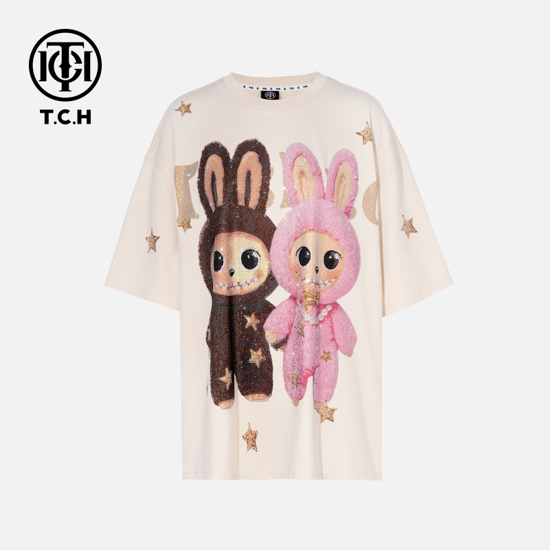 TCH烫钻工艺时尚休闲百搭气质重工T恤女T75C10E9053轻奢tch