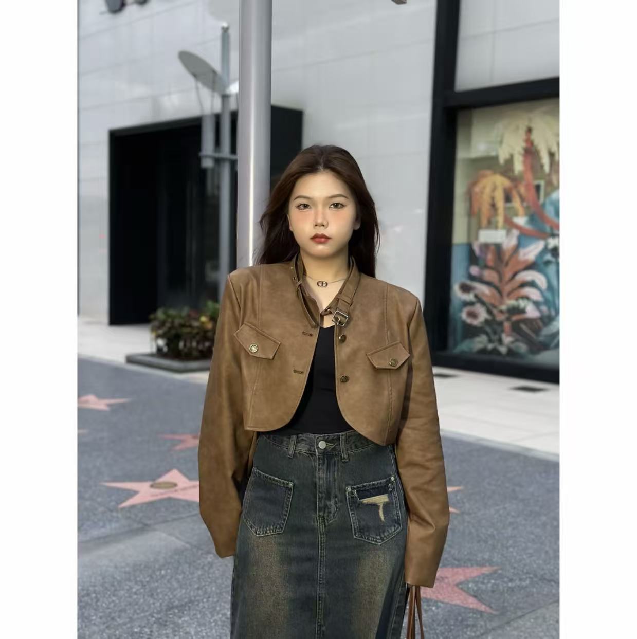 《鲨鲨》百搭复古机车皮衣外套女春秋宽松短款长袖夹克上衣