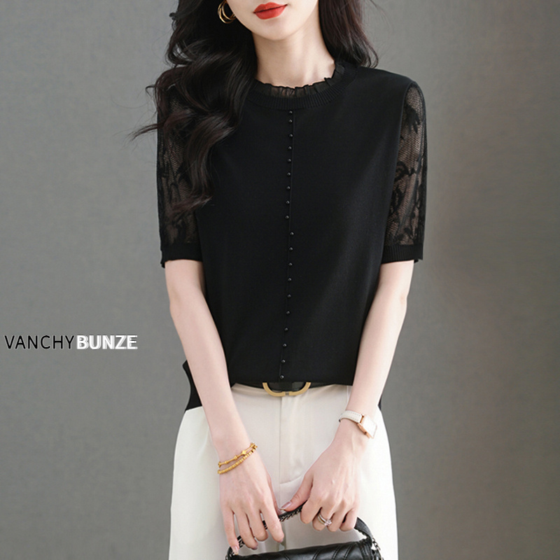 BUNZE 冰丝短袖t恤女中年妈妈夏装2025新款圆领蕾丝上衣薄款镂空