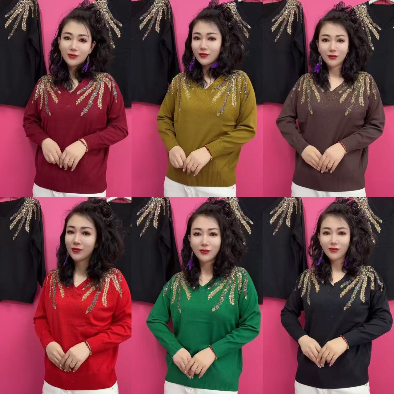 凤尾钻小V领重工烫钻串珠高品质套头针织衫