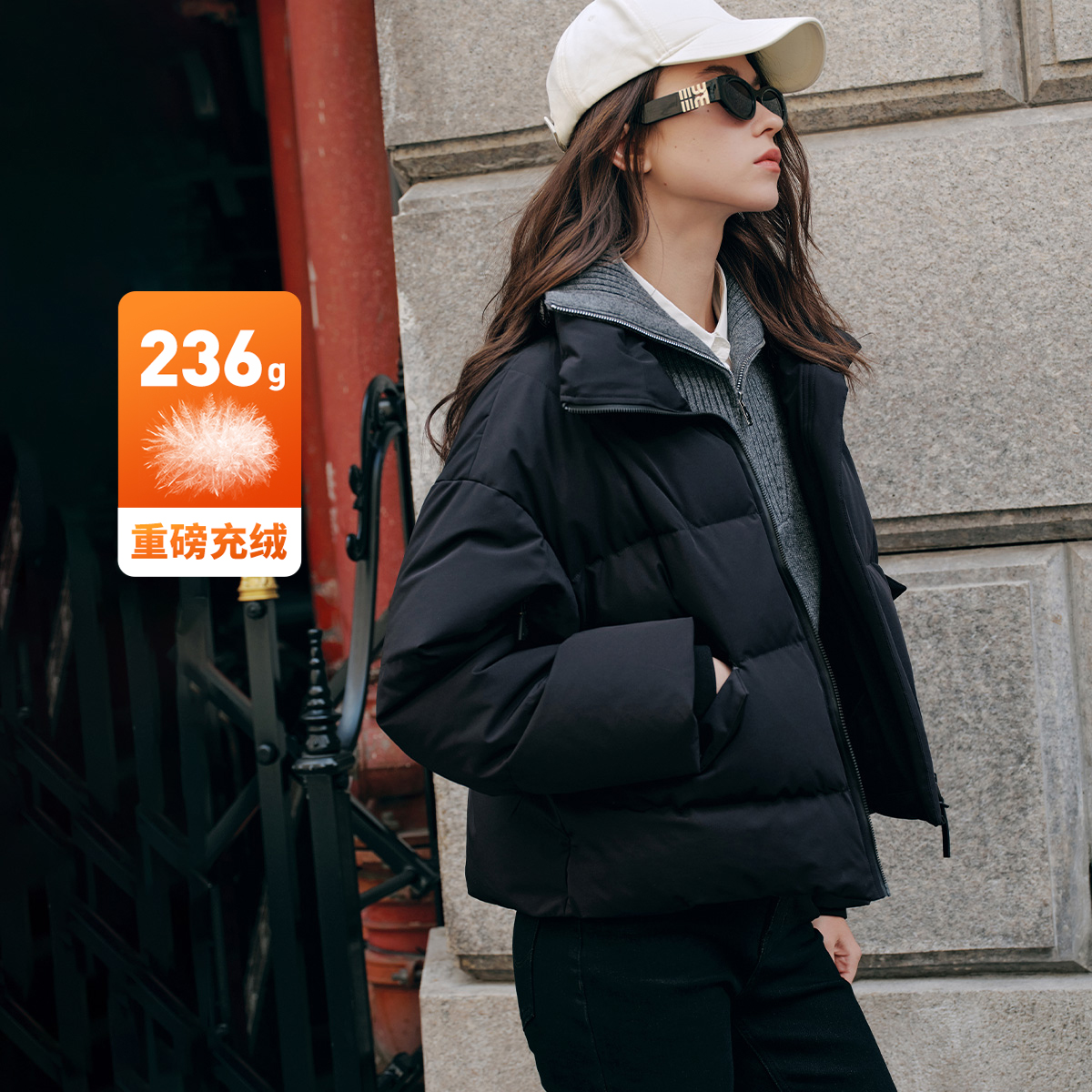 [重磅充绒]navigare意大利小帆船防风立领短款羽绒服女蓬蓬面包服