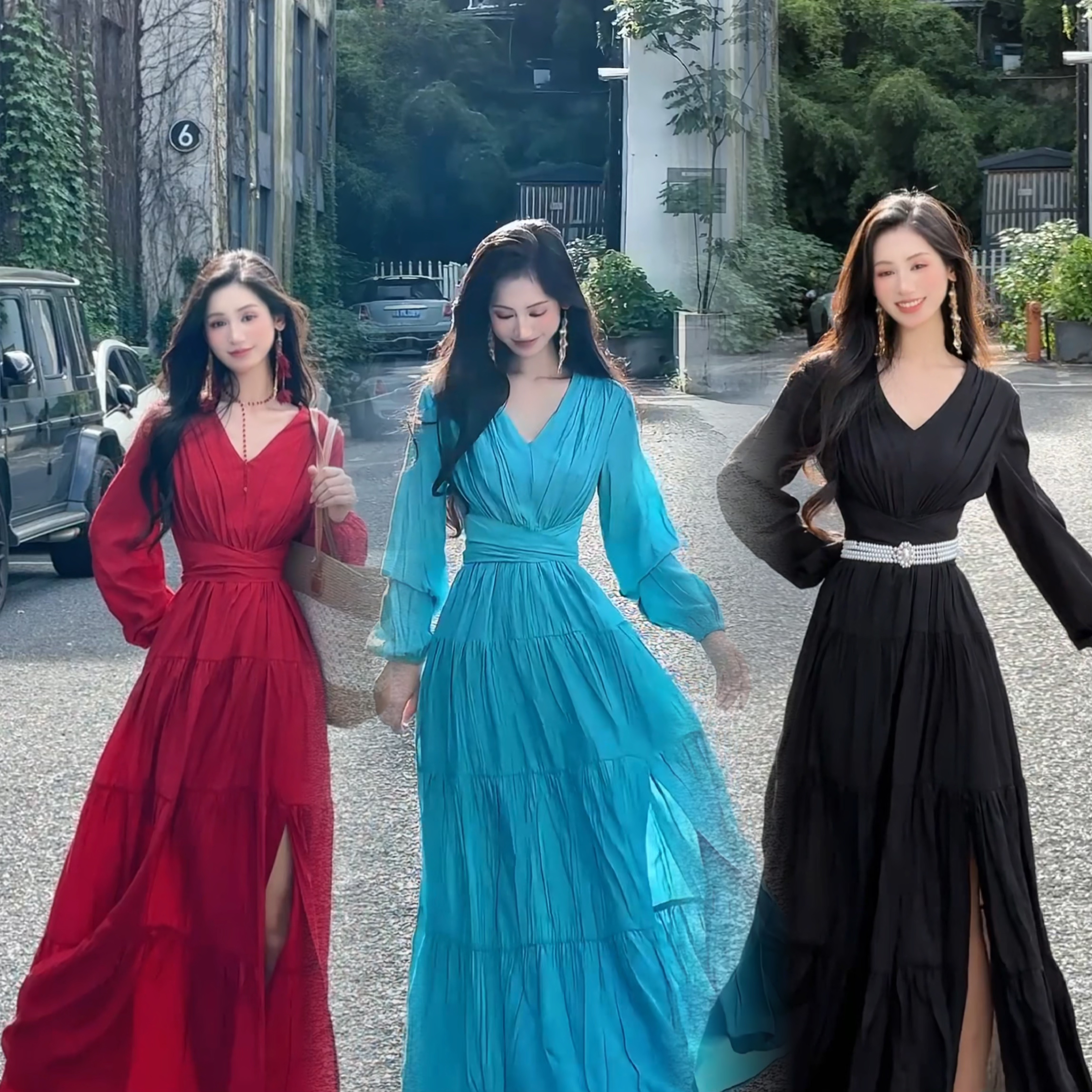 JCC【梦回江南】法式优雅大方夏季设计感度假长袖连衣裙